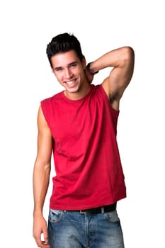 Handsome young man isolated on white background looking at camera with a smile or laughing