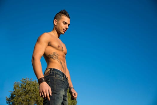Handsome fit athletic shirtless young man against blue sky shot from below, looking at camera