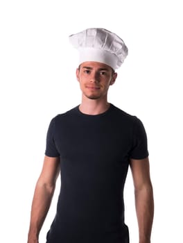 Half Body Portrait of Young Male Chef Wearing Casual Black Shirt and White Hat While Looking at the Camera. Isolated on White Background.