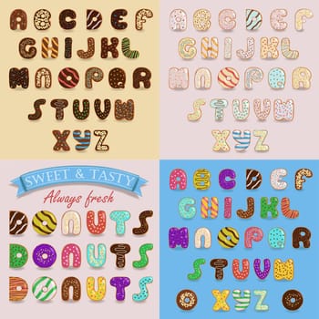 Sweet Artistic Alphabets. Chocolate and colorful donuts. Cute cartoon font. illustration