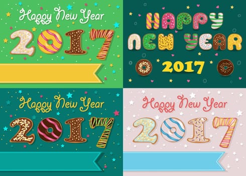 Happy New Year 2017. Colorful Donuts artistic font. Banners for custom texts. Years specific