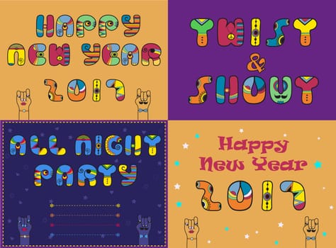 Cards with festive and party texts. Happy New Year 2017. Twist and Shout. All Night Party Invitation. Vintage style. Cartoon hands looking at each other. illustration