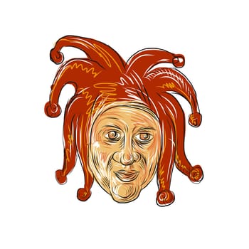 Drawing sketch style illustration of head of a medieval court jester, professional joker, fool and entertainer viewed from front on isolated background.