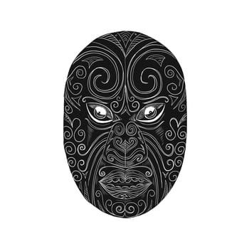 Scratchboard style illustration of a Maori mask looking fierce with mouth open and eyes protuding done on scraperboard on isolated background.