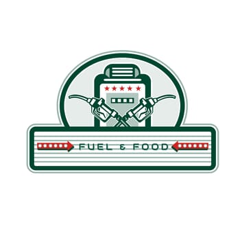 Retro style illustration of a vintage crossed fuel nozzle, gas dispenser with petrol pump in background set inside oval with banner and words Fuel and Food