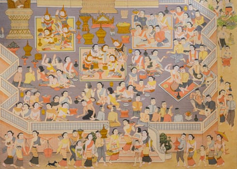 Thai mural painting of Lanna people life in the past in Chiang Rai, Thailand