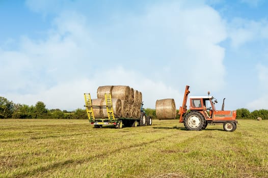 Agricultural scene. Tractor collecting hay bales in field and loading on farm wagon.