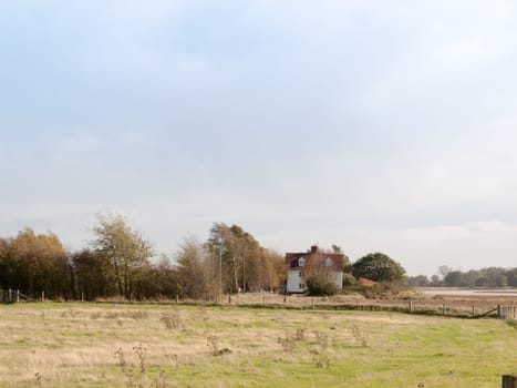 farm house cottage in the distance beyond field  essex  england  uk
