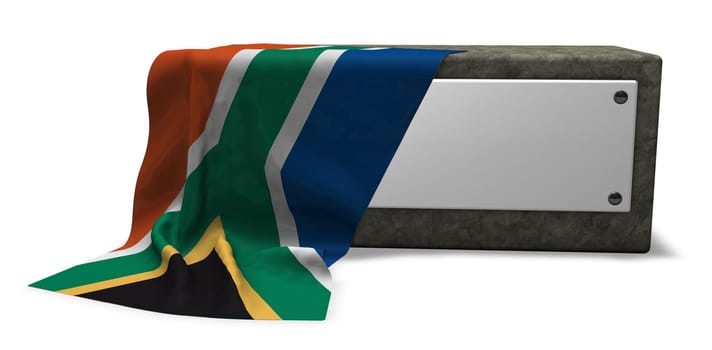 stone base with empty shield and flag of south Africa - 3d rendering