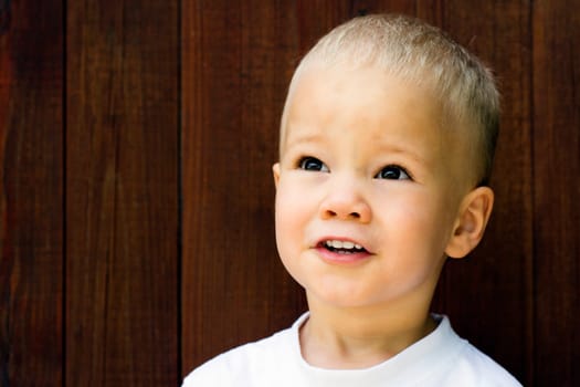 Portrait about a cute blonde boy on brown wooden background.