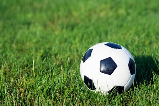 Little football ball for kids on green grass background.