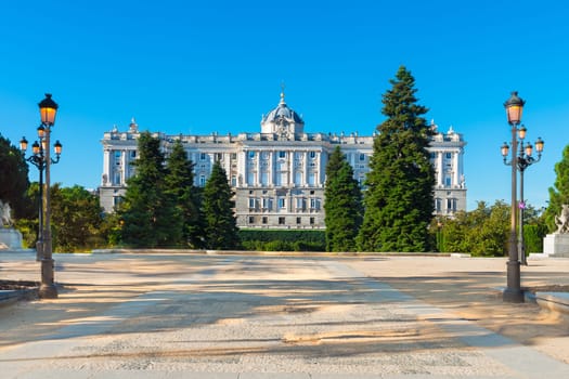 Royal Palace in Madrid, Spain viewed from the sabatini gardens.
