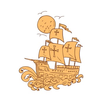 Drawing sketch style illustration of a caravel, a small, fast Spanish or Portuguese sailing ship of the 15th–17th centuries with moon in the background.