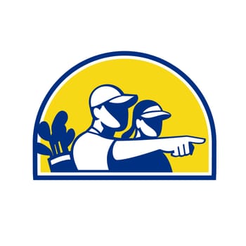 Retro style illustration of a caddie and professional golfer pointing and strategizing set inside half circle on isolated background.