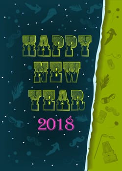 Happy New Year 2018. Artistic retro yellow font. Pink number 2018. Vintage items and ragged edge of paper. Illustration