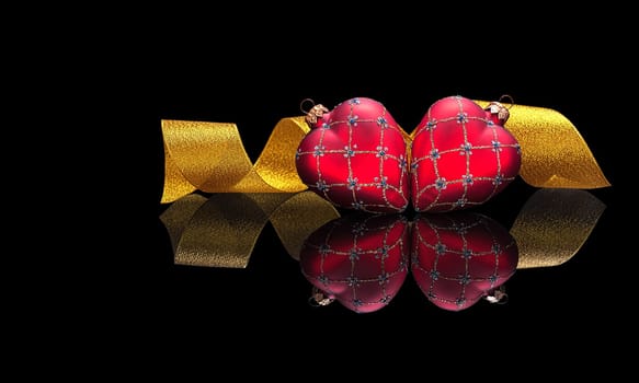 Christmas card template in luxury style, premium. Two Christmas decorations in the shape of a heart with golden ribbon isolated on a black glossy background with real reflection. With space for your text