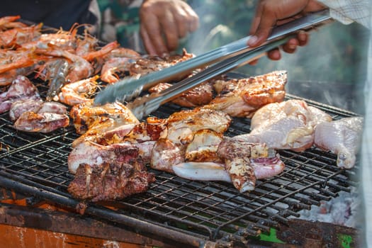 Assorted delicious grilled meat.over the coals on a barbecue