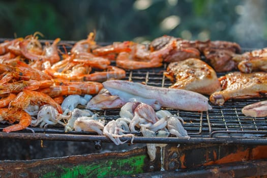 Assorted delicious grilled meat.over the coals on a barbecue