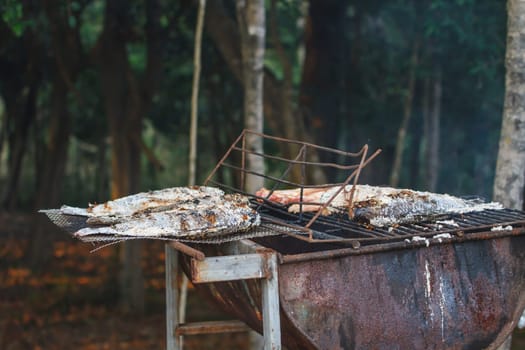 Grilling fish on framfire, cooking in garden