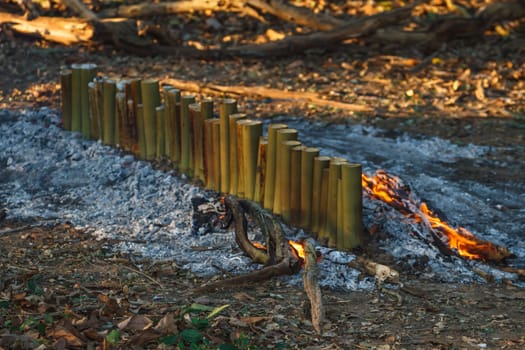 Glutinous rice roasted in bamboo joints in outdoor