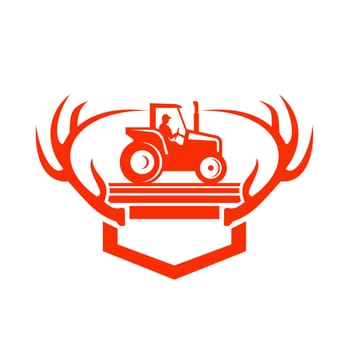 Retro style illustration of a White Tail Deer Antler framing a farmer driving a farm Tractor viewed from side on isolated background.