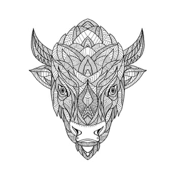 Zentagle inspired and tangled mandala illustration of a head of an American bison, American buffalo or buffalo viewed from front on isolated backgound.