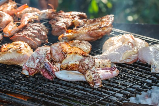 Assorted delicious grilled meat.over the coals on a barbecue