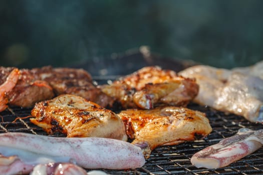 Assorted delicious grilled meat.over the coals on a barbecue