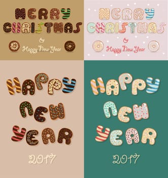 Merry Christmas. Happy New Year. 2017. Chocolate donuts font. Artistic sweet alphabet. Festive inscriptions.  illustration