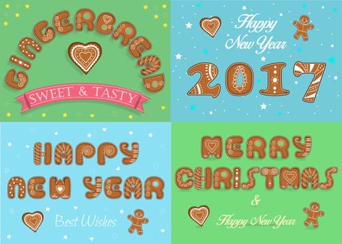 Happy New Year. 2017. Merry Christmas, Gingerbread. Sweet cookies font. Brown symbols with white cream decor.  illustration