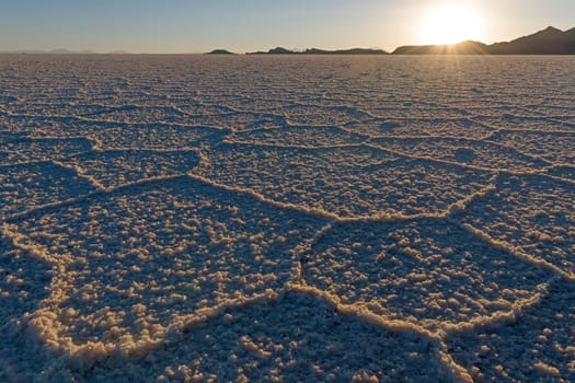 Evening mood with salt structure,Salar de Uyuni,Altiplano,3670 m above sea level,Bolivia,South America