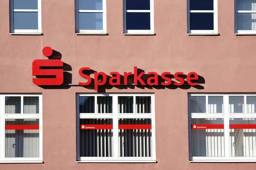 Nieder-Olm,Germany - October 14,2017: The façade and logo of the Sparkasse of a financial building on October 14,2017 in Nieder-Olm.