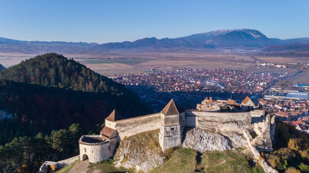 Aerial view of Rasnov Fortress. Brasov, Transylvania, Romania