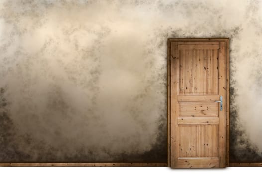 dirty wall with wooden door