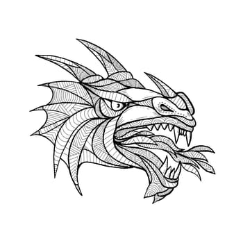 Zentagle inspired and tangled mandala illustration of head of a mythical creature, beast or dragon viewed from the side in black and white on isolated backgound.