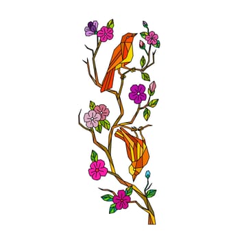 Low polygon style illustration of a Japanese white-eye bird perching on cherry blossom or sakura tree branch on isolated background.
