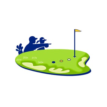 Retro style illustration of a caddie and golfer pointing and strategizing on golf course green with golf bunker and sand trap on isolated background.