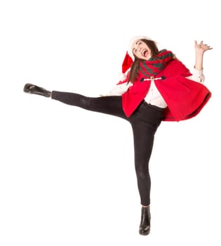 Happy and beautiful girl with freckles in Christmas, dancing