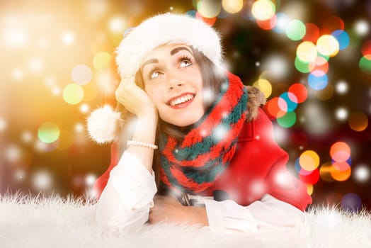 Happy and beautiful girl with freckles in Christmas with snow flakes