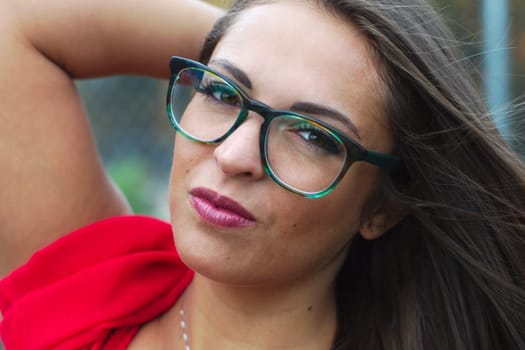 young beautiful women closeup eyeglasses red dress elegant style attractive girl beauty lady