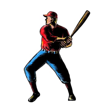Scratchboard style illustration of an American baseball player batting viewed from side done on scraperboard on isolated background.