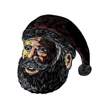 Scratchboard style illustration of head of Santa Claus three-quarter view done on scraperboard on isolated background.