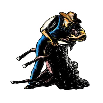 Scratchboard style illustration of sheep shearer or farmer shearing sheep with shears done on scraperboard on isolated background.