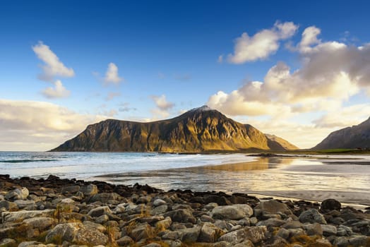 beautiful  view of beach with blue sky in the morning, Lofoten, Norway, selective focus