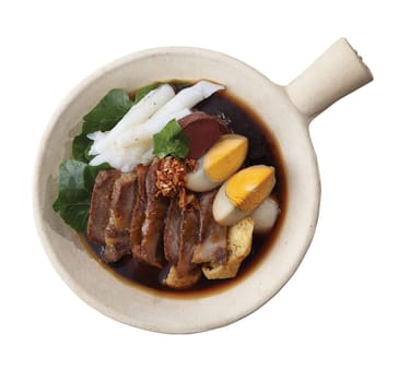 Blood Jelly with Minced Pork Soup in Clay Pot..Clipping path (Dicut around Object) for work.