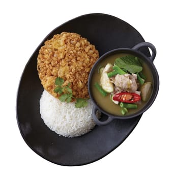 Crispy Omelet over Rice with Spicy Vegetable and Soup..Clipping path (Dicut around Object) for work.