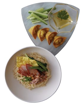 Egg Noodle with Grilled Pork, Shrimp Soup, Fried Wonton. Clipping path (Dicut around Object) for work.