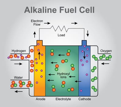 The alkaline fuel cell, also known as the Bacon fuel cell after its British inventor, Francis Thomas Bacon, is one of the most developed fuel cell technologies. Illustration process...