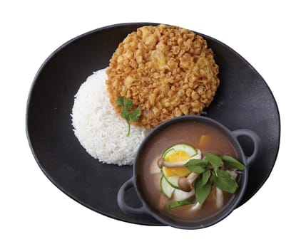 Crispy Omelet over Rice with Spicy Vegetable and Soup..Clipping path (Dicut around Object) for work.