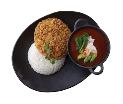 Crispy Omelet over Rice with Spicy Vegetable and Soup..Clipping path (Dicut around Object) for work.